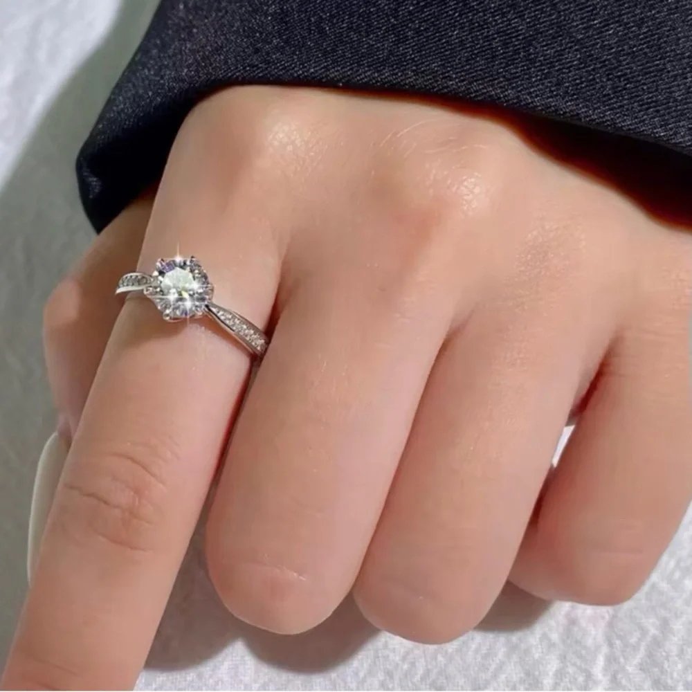 New 925 silver simulated round solitaire pave diamond engagement wedding ring